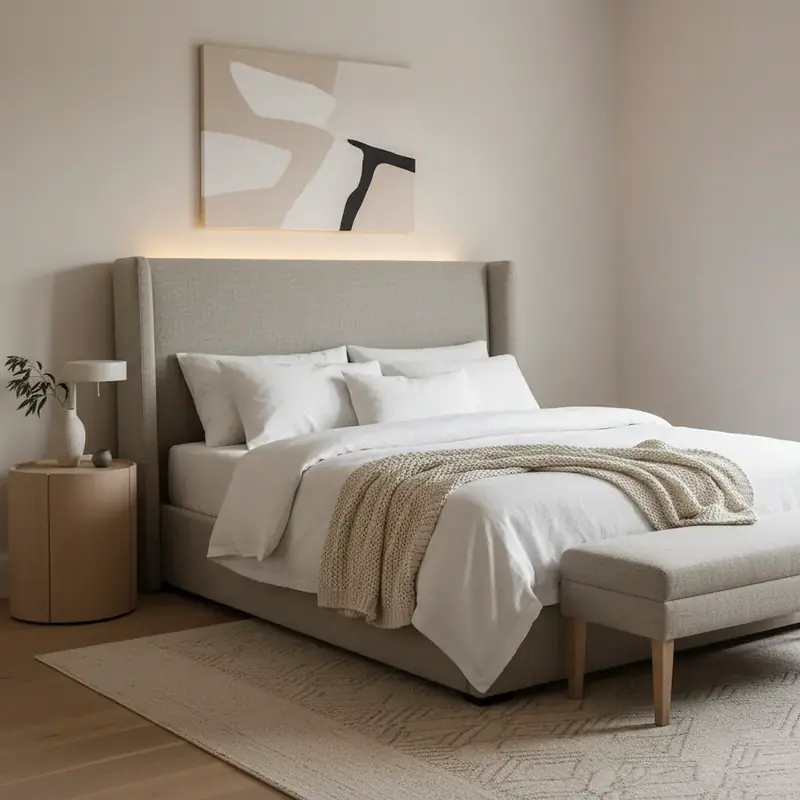 Tête de lit en lin naturel grège dans une chambre aux tons doux et lumineux