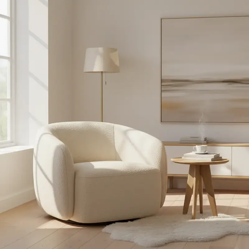 Fauteuil en tissu bouclette écru aux formes arrondies dans un salon lumineux et épuré