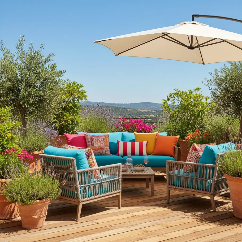 Coussins en tissu d'extérieur colorés sur un canapé de jardin en teck sur une terrasse ensoleillée