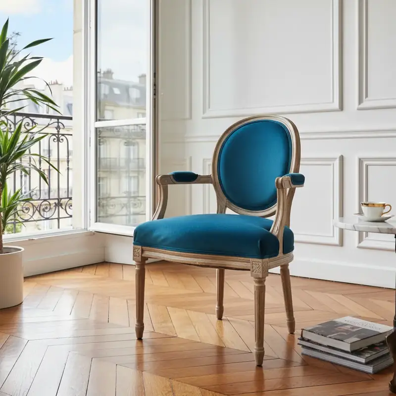 Chaise médaillon recouverte de velours bleu canard dans un intérieur élégant