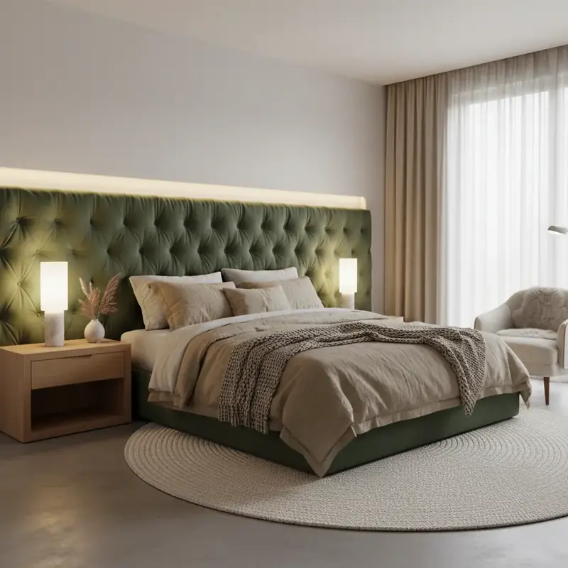 Chambre élégante avec tête de lit capitonnée en velours vert sauge et linge de lit en lin naturel