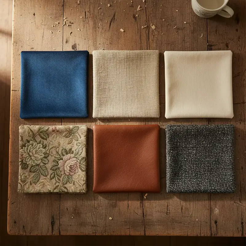 Six échantillons de tissus d'ameublement posés sur une table en bois : velours, lin, coton, jacquard, simili cuir et tweed