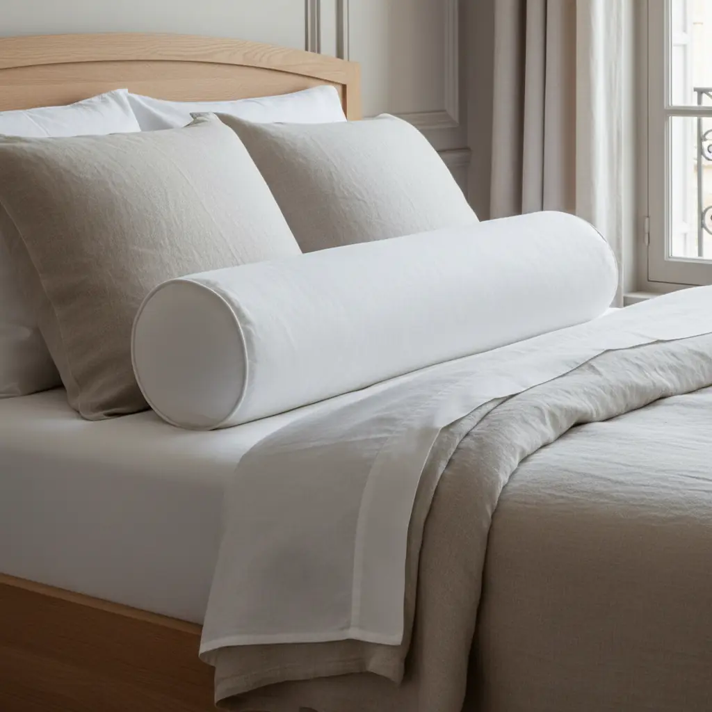 Traversin en plumes recouvert d'une taie blanche sur un lit avec oreillers assortis