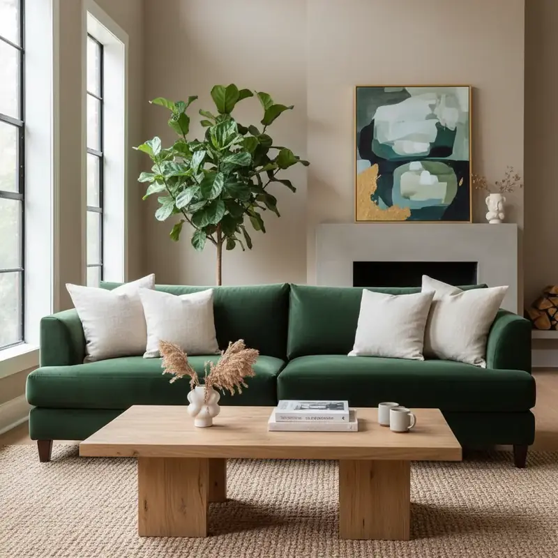 Canapé en velours émeraude dans un salon contemporain avec coussins en lin