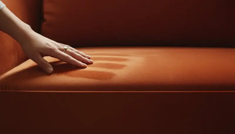 Main caressant un canapé en velours terracotta, montrant l'effet de marque caractéristique
