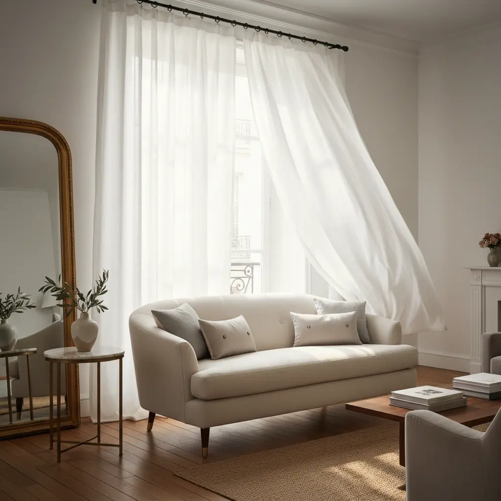 Voilage en lin naturel filtrant la lumière du matin dans un salon lumineux