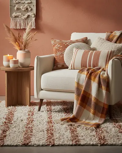 Décoration intérieure avec coussins, tapis et plaid