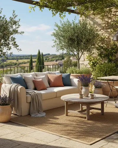 Terrasse ensoleillée avec salon de jardin
