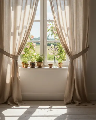 Fenêtre habillée de rideaux en lin naturel