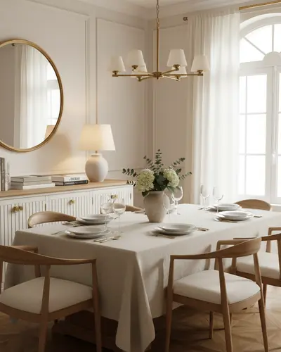 Salle à manger avec table dressée et chaises design