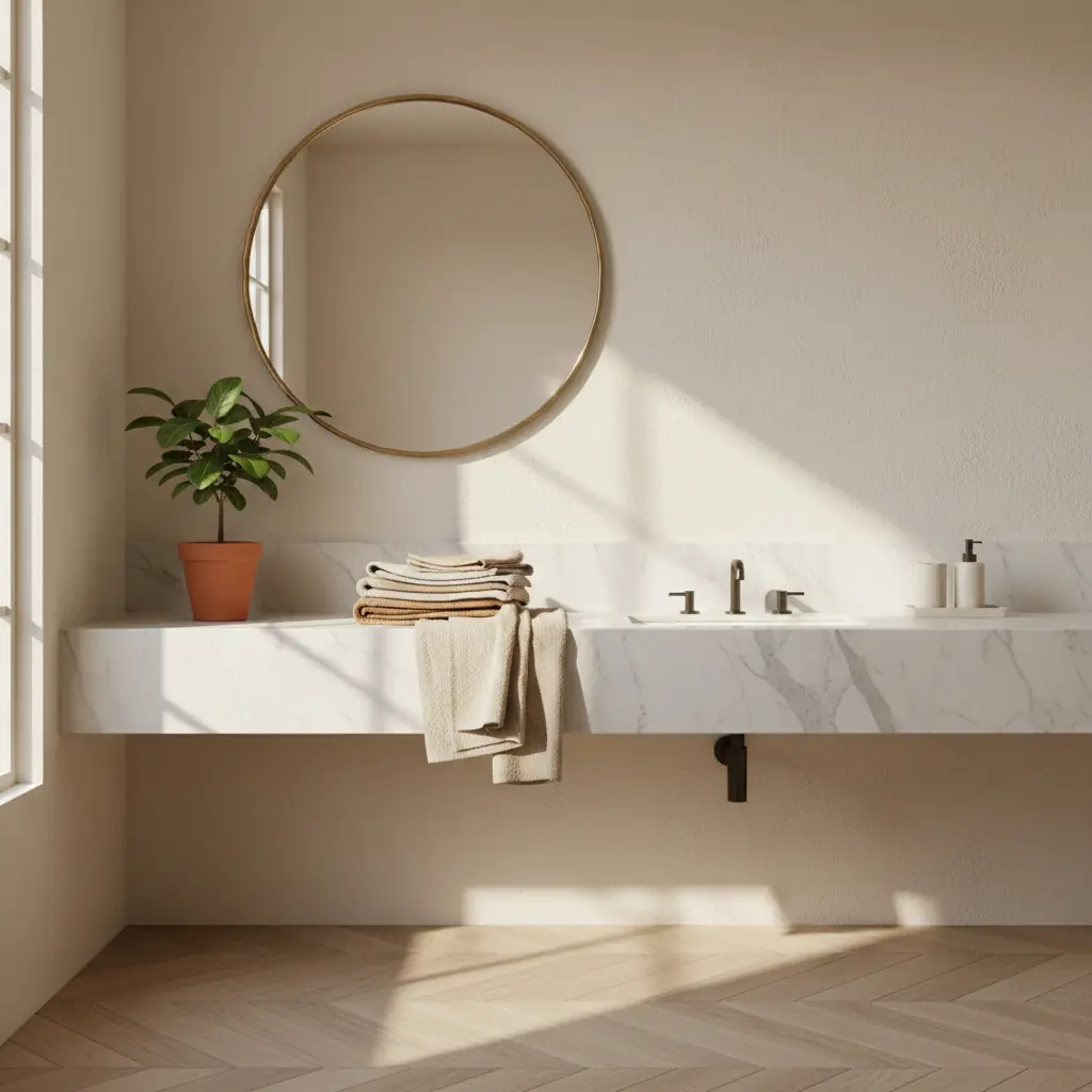 Salle de bain avec meuble vasque en bois et serviettes