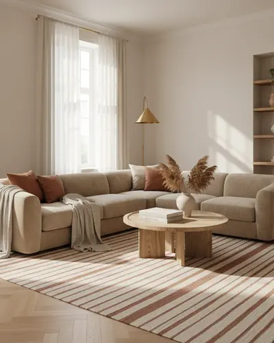 Salon cosy avec canapé en bouclette et table basse en bois