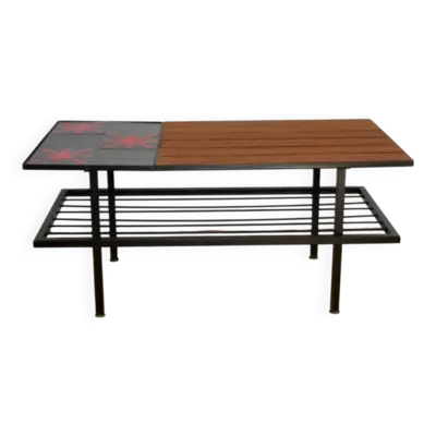 Table basse vintage teck et céramique 1960