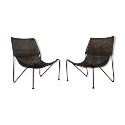 Paire de fauteuils en rotin et fil d'acier par Frederick Weinberg