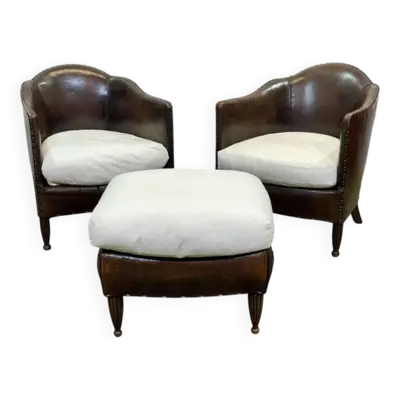 Salon Club d'époque Art Déco en cuir et assise tissu