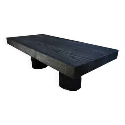 Table basse rondins fintion bois brûlé, shou-sugi-ban