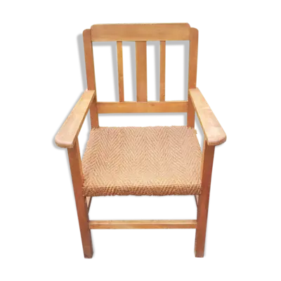 Fauteuil scandinave des années 50 en merisier assise en corde