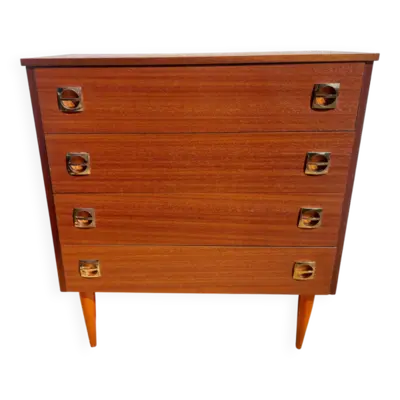 commode années 60, pieds fuseaux, poignées encastrées