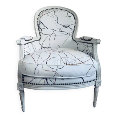 Bergère retapissee avec lins anciens signés Sophie de Garam