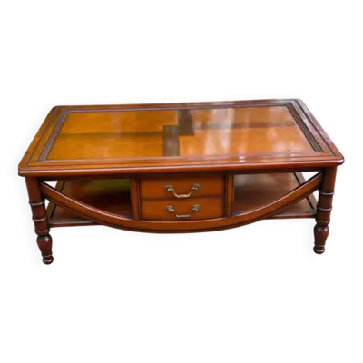 Table basse coloniale en bois massif avec tiroir