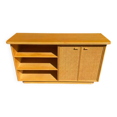 Buffet vintage en bois et cannage années 70