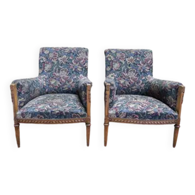 Paire de fauteuils - bergères de style Louis XVI fleurs