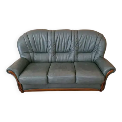 Canapé 3 places en cuir vert avec armature bois massif