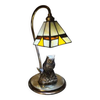 Lampe de chevet design chouette ,hibou bronze massif abat jour verre de sty