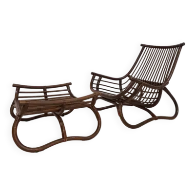 Fauteuil lounge en rotin Manou style pagode avec pouf