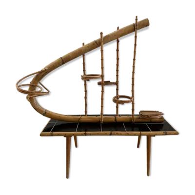 Table basse porte plante en rotin vintage