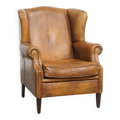 Fauteuil à oreilles vintage en cuir de mouton