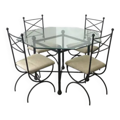 Ensemble salle à manger fer et verre octogonal biseauté
