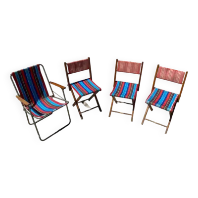 3 chaises pliables vintage en toiles et bois