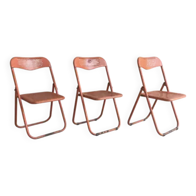 Trio de chaises pliantes en métal orange - vintage