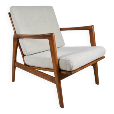 Fauteuil scandinave restauré avec repos-pieds, icône des années 60, tissu marron