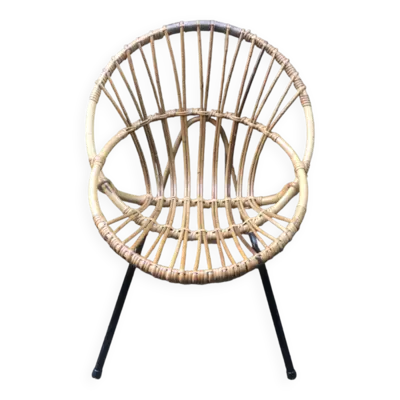 Fauteuil coquille bambou rotin vintage années 60