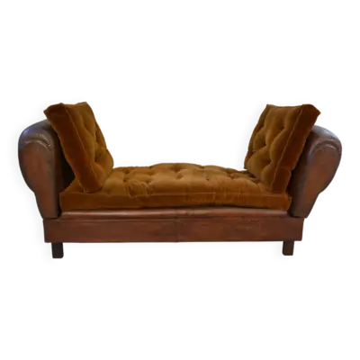 Banquette Club en cuir convertible avec assises velours 1920's