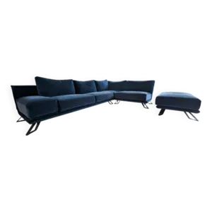canape d'angle droit roche bobois en velours bleu pétrole