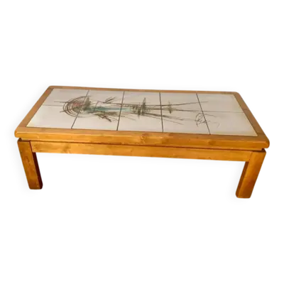 Table basse de salon vintage orme et ceramique
