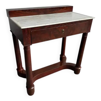 Console avec plateau en marbre blanc antique, piètement et tiroir en bois brun r