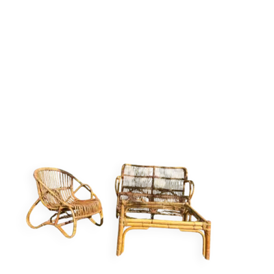Superbe ensemble vintage en rotin avec table basse