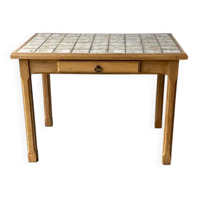Table à manger de ferme vintage en bois massif carreaux céramique 105cm rénovée