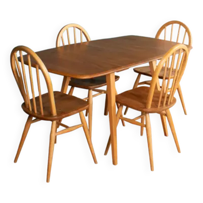 Table de salle à manger rétro blonde Ercol modèle 383 et quatre chaises de cuisi