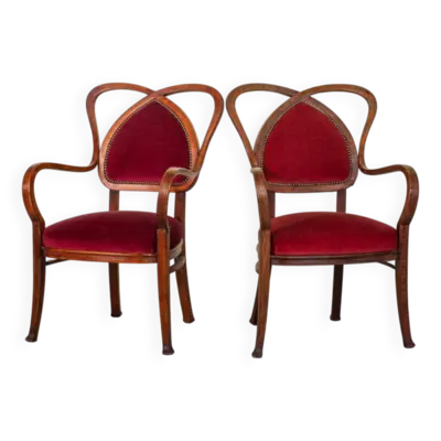 Chaises d'appoint vintage en bois et velours rouge en forme de cœur. Lot de 2. A