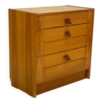 Ancien Commode 3 Tiroirs - Pitchpin et Cuir - Vintage 70's - Style Scandina