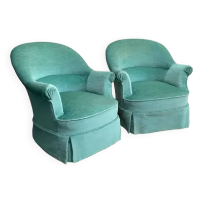 Paire de fauteuils crapaud velours vert d’eau 1970