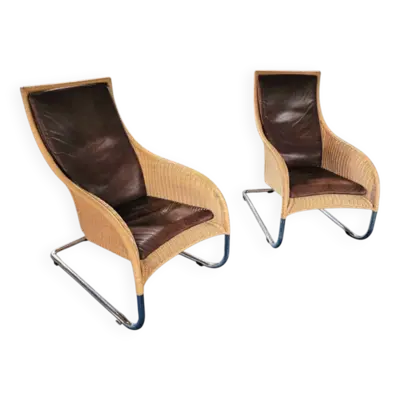 2 x Chaise longue lourde en rotin / cuir marron années 1990 Très bon état