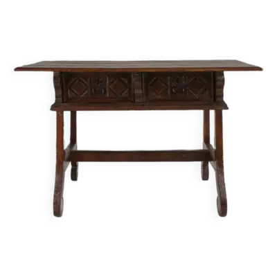 Table console espagnole ancienne en chêne avec tiroirs fabriqués à la main, 18èm