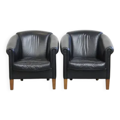 Lot de 2 fauteuils club en cuir de vachette noir de style anglais