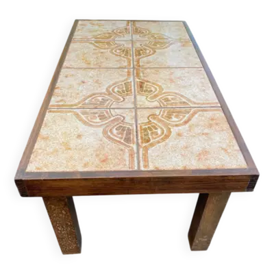 Table basse bois massif et céramique des années 1970 84x44cm